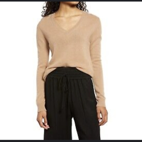 Women's Tan V-Neck Sweater - Picture 1 of 4
